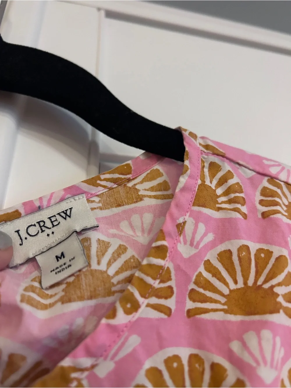 J. Crew Pink Top with Gold Fan Print and Smocked Yoke